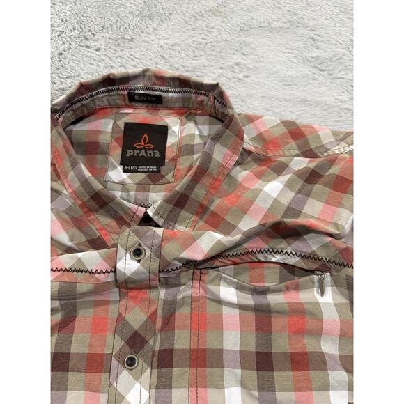 Prana Shirt Mens XL Red Brown White Plaid Slim Fit Polyester Button Up Outdoor - Picture 3 of 13